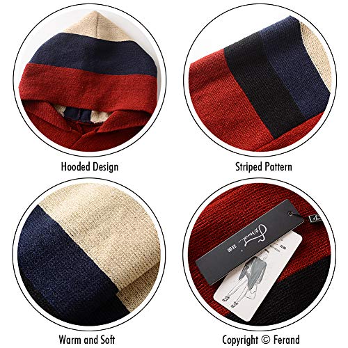 Ferand Women's Lightweight Striped Poncho Sweater Casual Summer Travel Shawl Wrap, Upgraded Hooded Style: Burgundy & Beige, One Size(Best Fits S - L) #TOP3