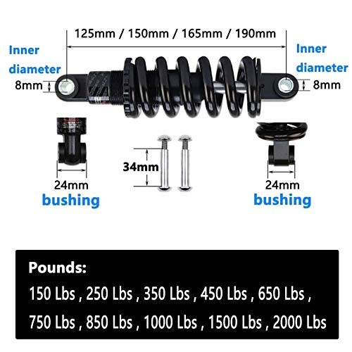 TYYT Bike Rear Shock Absorber Spring MTB 125/150/ 165/190 mm GS-121A, 100 to 2000 Lbs Suspension Damper (Color : 190mm, Size : 750 Lbs)