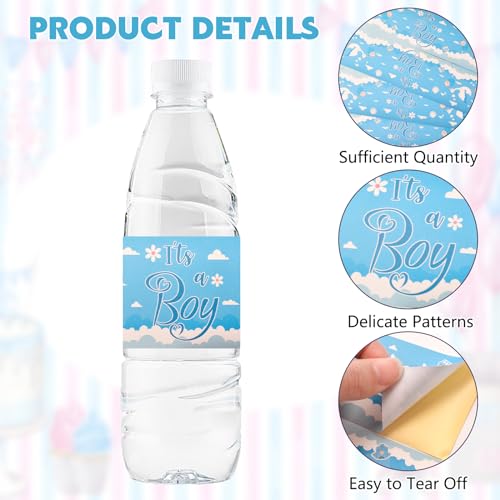URROMA 48 Pcs Blue Baby Gender Reveal Water Bottle Labels Stickers for Baby Shower Party Boy, Vinyl, Minimalist, Rectangular - Image 3