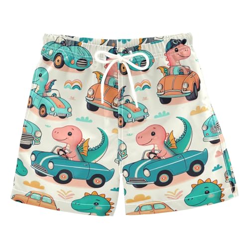 FLildon Cute Dinosaurs Drive Cars Little Boys Swim Trunks with Mesh Lining Quick Dry Beach Board Shorts, 3T