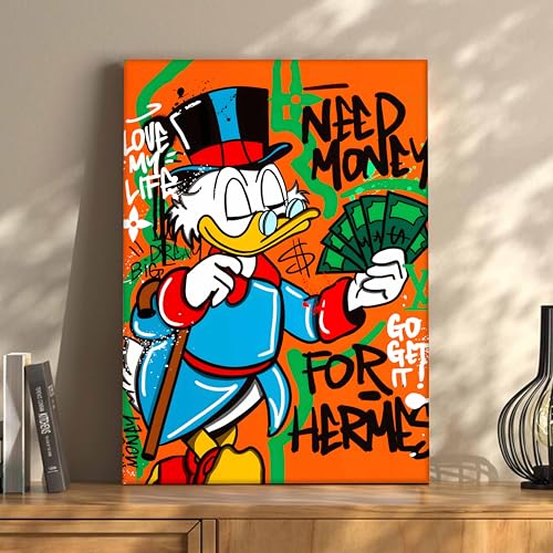 Image of Modern Pop Art Duck Money Canvas Wall Art Painting For Living Room | Graffiti Street Art Canvas Painting | Bold Cartoon Artwork for Home, Office & Cafe Decor, 41x56 cm