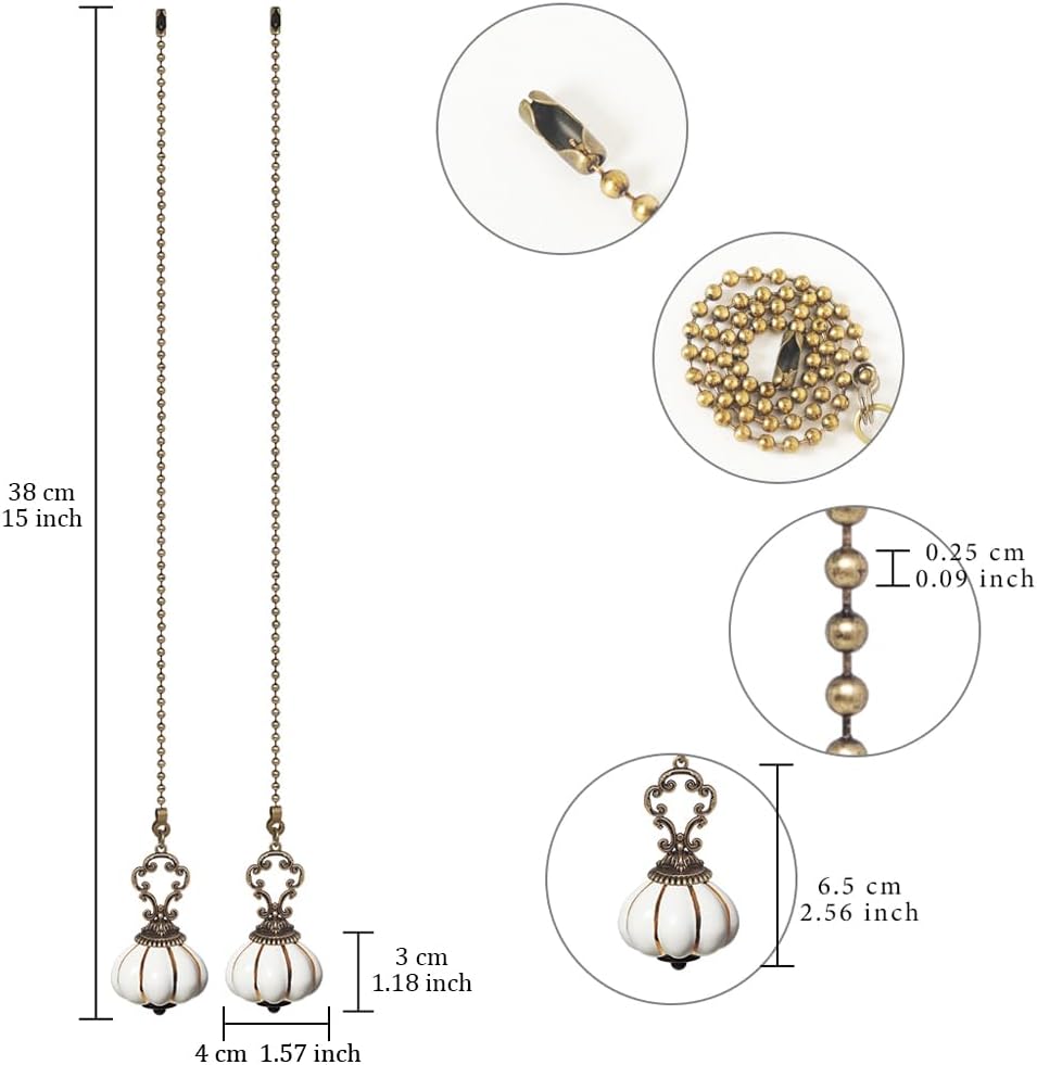 2pcs Ceiling Fan Pull Chain Ornaments White Ceramic Pumpkin Fan Pull Extender,15 Inches Fan Pulls with Connector