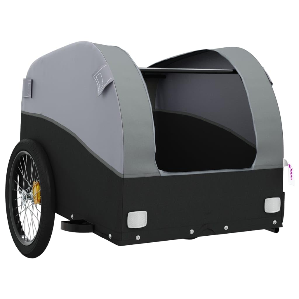 Przyczepa rowerowa, czarna i szara, wykonana z wytrzymałego żelaza, nośność 30 kg, koła 29 cm, sprzęgło dyszowe, flaga bezpieczeństwa, składana, do transportu bagażu, dzieci, psów