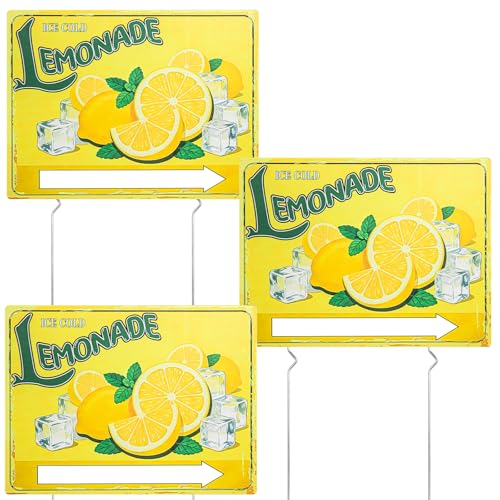 Lemonade Yard Sign and Stake Double Sided Corrugated Plastic Lemonade Arrow Sign 3 Sets 12 x 16 Summer Lemonade Stand Supplies Decorations for Outdoor Yard Advertise
