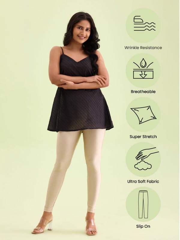Image of GO COLORS Soft Nylon Stretch Shimmer Ankle Length Leggings for Women | Smooth & Shiny, Mid Rise