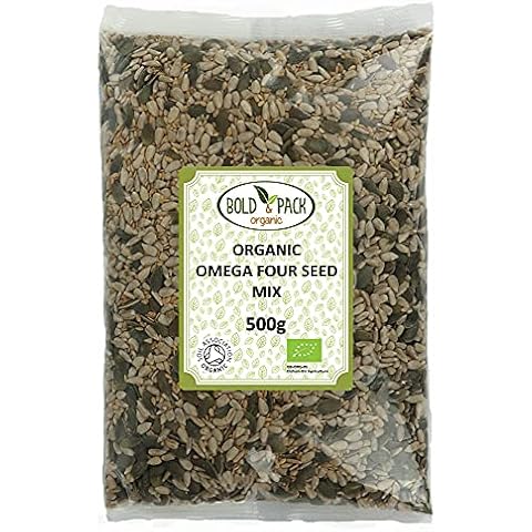Bold & Pack - Organic Omega Four Seed Mix (500g) - GMO Free - Omega Seeds - Vegan - Certified Organic - Mix of Organic Sunflower, Pumpkin, Linseed, Sesame Seeds - Rich in Omega and Fibre Cover