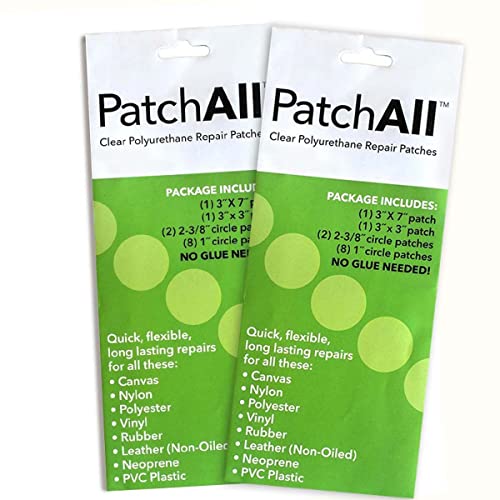 PatchAll Kit Clear Polyurethane Adhesive Vinyl Repair Patch Tape Kit, Waterproof, Airtight Patches for Canvas Tent, Boat Upholstery, Car Seat, Leather Furniture, Hole, Awning, and More, 2 Pack