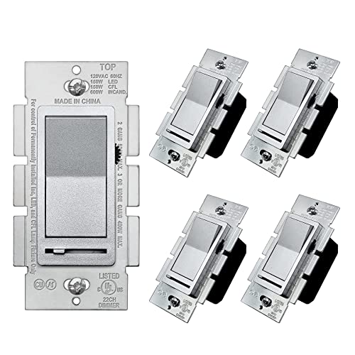 [10 Pack] Bestten Silver Dimmer Wall Light Switch With Screwless Wallplate, Single Pole Or 3-Way, Compatible With Dimmable Led, Cfl, Incandescent And Halogen Bulb, 120Vac, Ul/Cul Listed #TOP1