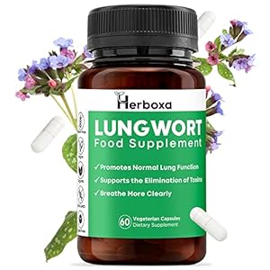 Herboxa Lungwort met 550mg gevlekt longkruid – Bevat foliumzuur dat vermoeidheid en uitputting vermindert, vitamine C, quercetine, ProG-Phen – 60 veganistische capsules