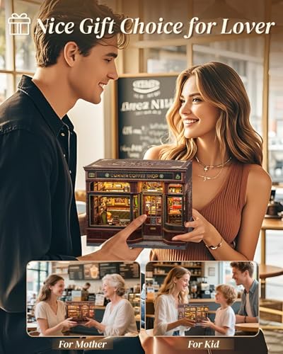 cutefun book nook kit - diy miniature doll house kit book nook kits for adults 3d wooden puzzle bookend bookshelf with led light for cafe crafts lovers corner coffee shop