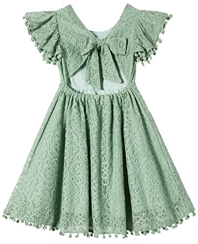 Niyage Backless Toddler Dress Open Back Girls Lace Bow Tie-Back Pom Pom Flutter Sleeves Party Princess Dresses