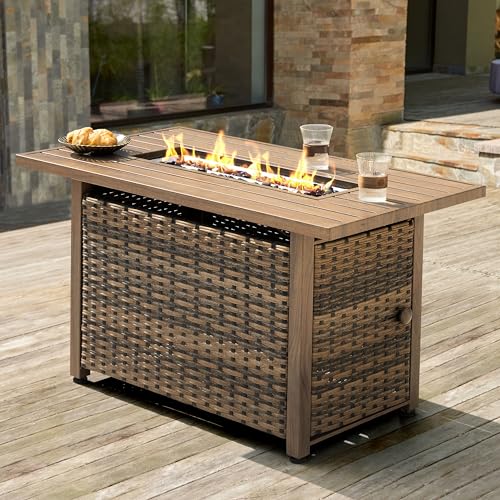 Image of NUU GARDEN 43 inch Propane Fire Pit Table, 50,000 BTU CSA-Listed Outdoor Gas Fire Pit with Rattan Frame, Lid and Glass Beads for Backyard, Deck and Garden, Brown