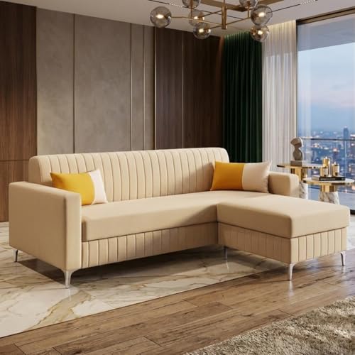 Image of SOCOZI Anton 4 Seater L Shape Sofa Set with Movable Ottoman | Flexible Left or Right Layout | Soft Velvet Suede Fabric | Modern Design | Plush Comfort Cushions for Living Room (Beige)