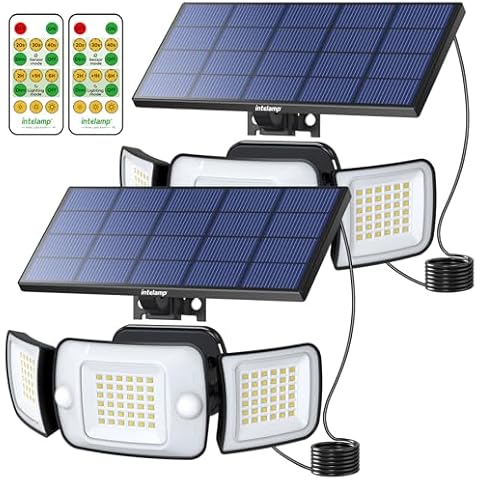 intelamp Solar Lights Outdoor, 3 Head Solar MotionSensor Lights for Outside, lP65 Waterproof,Separate Solar Panel with 9FT Cable RemoteControl Wall Lights(2Pack) Cover
