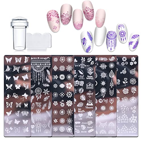 6 Pcs Nail Stamp Templates +1 Stamper + 1 Scraper Butterfly Leaf Flower Feather Design Art Stamping Plates for DIY Decorating Kit Polish Gel Template Plate Print Stamper Set Manicure Stencils Tools