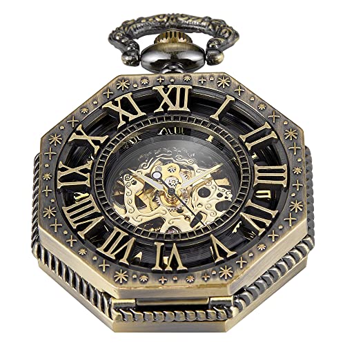 Bronze Men’s Antique Mechanical Pocket Watch, Skeleton Mechanical Roman Numerals Pocket Watch with Chain + Box