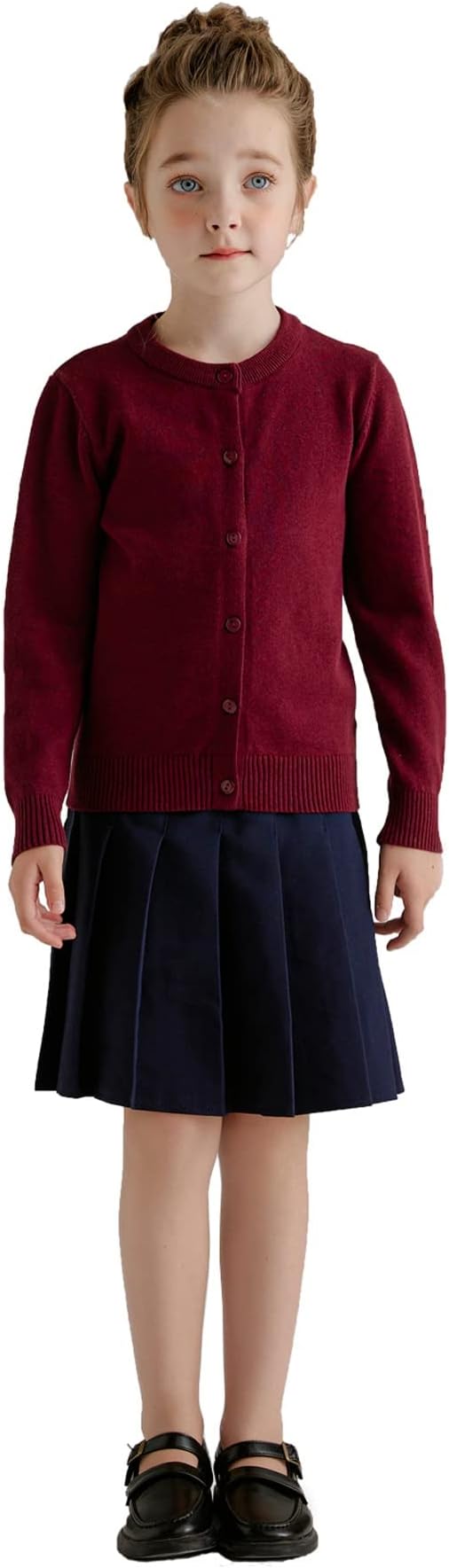 SMILING PINKERGirl School Uniform Sweater Anti-Pill Cotton Cardigan Crew Neck