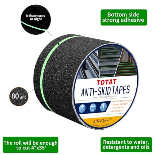 Image of Glow in Dark Anti Slip Tape,4 inch x35FT Heavy Duty Waterproof Safety Grip Tape for Stairs, Pool, Bathroom - Black & Glow Stripe Indoor /Outdoor Multi-Purpose Traction Tape