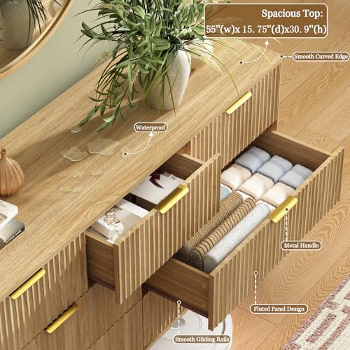 CARPETNAL Fluted 7 Double Drawers Dresser for Bedroom, 55”Wide Modern Chest of Drawers with Deep Drawers,Curved Profile Design, Wood Drawer Organizer for Living Room, Hallway, Natural Oak - Image 7