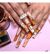 Halloween Press on Nails Long Coffin Fake Nails Orange Yellow False Nails with Designs Pumpkin Gh...