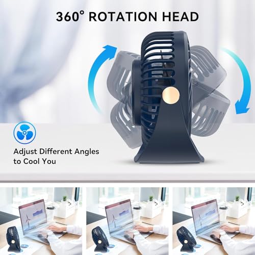 FGHB Tragbarer Schreibtischventilator mit Nachtlicht, 4000 mAh USB-Akku, 5 Geschwindigkeiten & 360° Drehung – Ultra-leiser Mini-Ventilator für Schlafzimmer, Büro, Camping & Küche