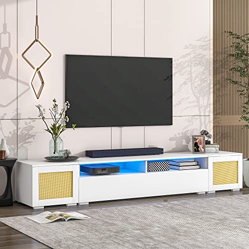 Voohek Modern Rattan Stand 90”, Wall Mounted Wood Entertainment Center with Color Changing LED Lights and Storage Cabinet, Floating Console Table for Living Room, White, for 90 Inch TV/3 Pcs Voohek Modern Rattan Stand 90”, Wall Mounted Wood Entertainment Center with Color Changing LED Lights and Storage Cabinet, Floating Console Table for Living Room, White, for 90 Inch TV/3 Pcs