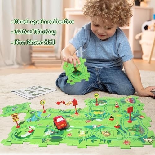 ALTGOU Puzzle Track Game Set, Electric Drive Toy car and Plastic Puzzle Board, Children's Education Toddler Toys, Montessori Toys 3, 4, 5, 6-Year-Old Boys and Girls (Forest) 2 51Rt+Xw4dsL. AC