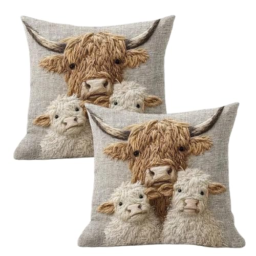 YREYBN Highland Cow Cushion Covers Set of 2, Highland Cow Bedding Double Animal Cushion Covers, 3DFloral Animal Print Decorative Pillow Case, For Sofa Farmhouse Style Decor