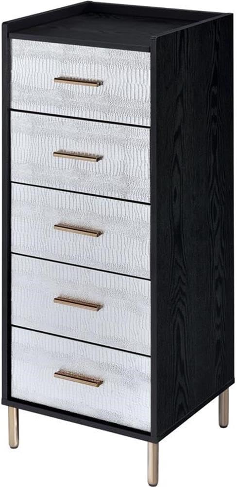 Pemberly Row Contemporary Jewelry Armoire, 17" L x 16" W x 45" H, Black & Gold Finish, 4 Drawers with Crocodile Skin Facade, Metal Legs, Mirror Top, Particleboard Material, Glam Style Bedroom Storage