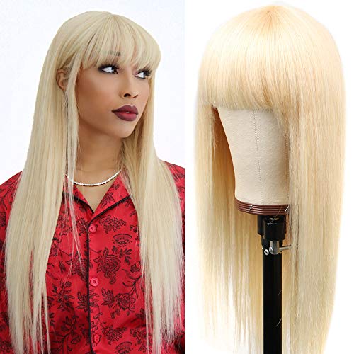 613 Blonde Wig With Bangs Human Hair Wigs For Black Women 150 Density Brazilian Straight Remy Hair 613 Blonde Full Maching Wig None Lace Front Wigs SPARKLE DIVA (8inch, 613 blonde color)