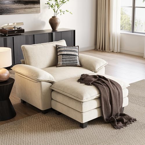 Image of LINSY HOME Modern Beige Corduroy Sofa Chaise, 55.9 inch W x 60.6 inch L x 34.6 inch H, Wood Frame & Legs, Soft & Comfortable, Includes Ottoman