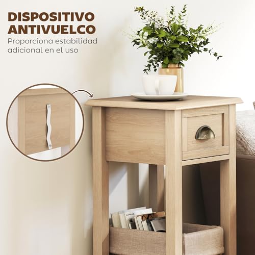 HOMCOM Mesa Auxiliar Rústica, Mesa Auxiliar para Sofá, con Cajón y Estante, Mesita de Noche para Salón, Dormitorio, 30x30x75 cm, Madera Natural - imagen 7