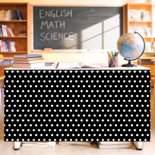 Image of 6FT Black Base White Polka Dots Table Skirt Teacher Desk Skirt for Black and White Classroom Decor Rectangle Table Cover for Back to School Party Supplies Kindergarten Office Dorm Bookcase Cabinet