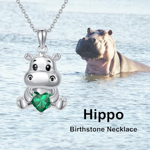 Image of PROESS Animal Birthstone Necklace 925 Sterling Silver Otter /Axolotl /Hippo /Elephant /Dachshund /Monkey /Red Panda Pendant Necklace Animal Birthstone Jewelry Gifts for Women