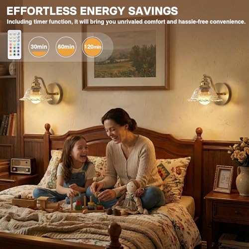 Image of Redluck Battery Operated Wall Sconce with Remote Control, Vintage Amber Glass Wireless Wall sconces Set of Two, Rechargeable Battery Powered Wall Lamp for Bedside Bedroom Living Room Hallway Decor