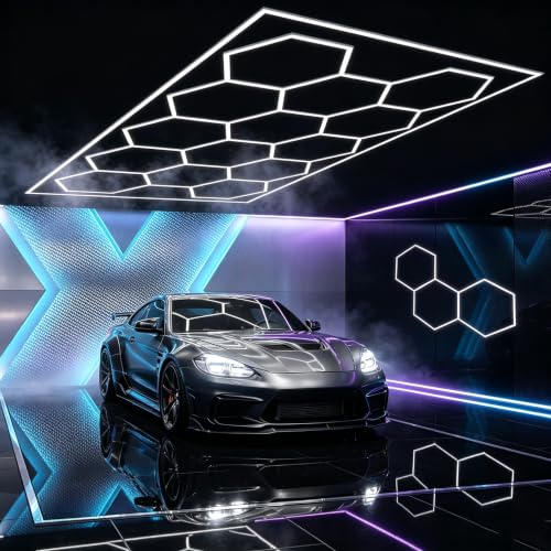Oyajia Hexagon LED Deckenleuchte 14 Hexs 680W Garagenbeleuchtung Rechteck DIY LED-Deckenleuchten 6500K Weiß für Garage Werkstatt Lager Keller Fitnessstudio Salon (484.5 * 243.5 * 3.7 cm)
