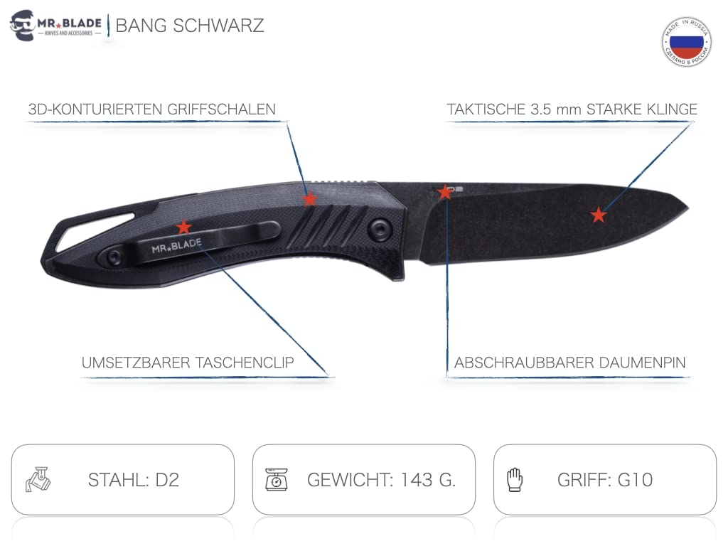 Mr. Blade Nowoczesny scyzoryk — Bang czarny — Bushcraft nóż outdoorowy ze stali D2, czarny, Large X-Weit