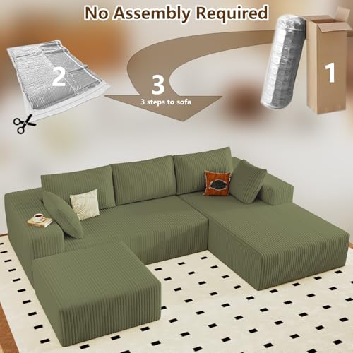 Image of 96 inch U-Shape Cloud Couch, Modern Modular Sectional L-Shape Sofa with Ottoman, Corduroy Upholstered Couches Deep Seat Sleeper Chaise Longue for Living Room, No Assembly Required(Green, Right Facing)