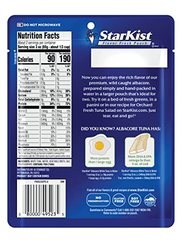 Image of StarKist Albacore White Tuna in Water, 6.4 oz Pouch Ready to Eat Wild Caught Tuna, 19g Protein & 90 Calories Per Serving, Gluten Free, Soy Free, Kosher, Perfect for Meals & Snacks (Pack of 6)