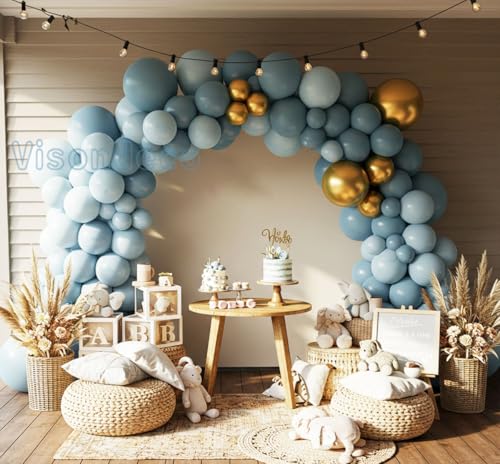 Image of Dusty Blue Balloon Arch Kit - Double-Stuffed Balloon Garland with Multiple Blue Shades, Pastel Teal for Baby Shower, Wedding, Birthday, Graduation and Gender Reveal Party Decorations