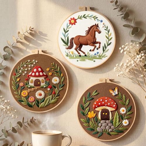 Image of Santune 3 Pack Embroidery Kit Cross Stitch Needlepoint Kits for Beginners Adult Needle Point Sets with Mushroom & Horse Embroidery Patterns, Includes Step-By-Step Instructions & Accessories
