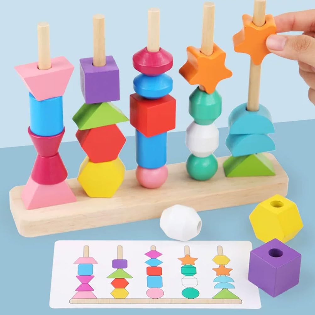 Montessori Holzform-Stapel-Pegboard- und Schnurperlen-Spielzeug | Kleinkind geometrische Farbzuordnungs- und Sortierblöcke, Feinmotorik-Stapler- und Fädelpuzzle-Spiel