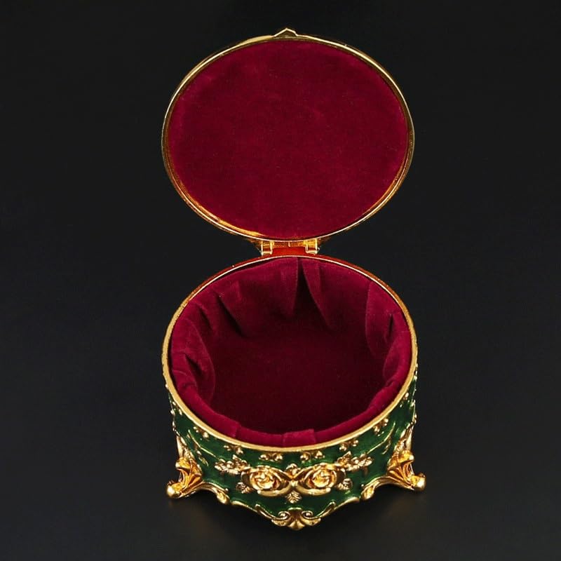Boîte à bijoux en métal émail vert, coffret de rangement vintage