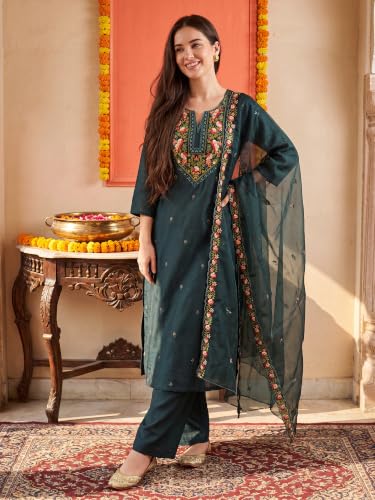 Image of INDO ERA Women's Silk Blend Floral Embroidered Thread Work Kurta & Pant with Dupatta Set