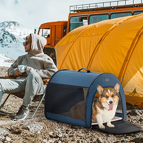 Petsfit Hundebox faltbar, tragbare & Atmungsaktive Hundebox für Zuhause mit Gewölbtem Design, Zimmerkennel Hund Hundeschlafbox mit Anti-Offener Reißverschluss und Plüschkissen,M, Blau