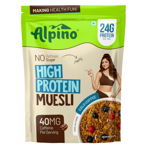 Image of ALPINO High Protein Super Muesli Cold Coffee 400g - Multigrain Flakes & Rolled Oats, Soya Protein, Nuts & Seeds, Coffee Extract - 24% Protein, Source of Dietary Fibre & Healthy Fats