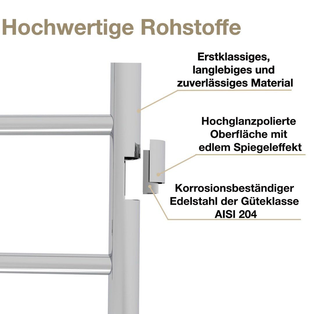 Elegancki grzejnik na ręczniki ze stali nierdzewnej 304 – elektryczny, 625 x 480 mm, 84 W, z termostatem i timerem – designerski grzejnik do łazienki – montaż na ścianie – IP44