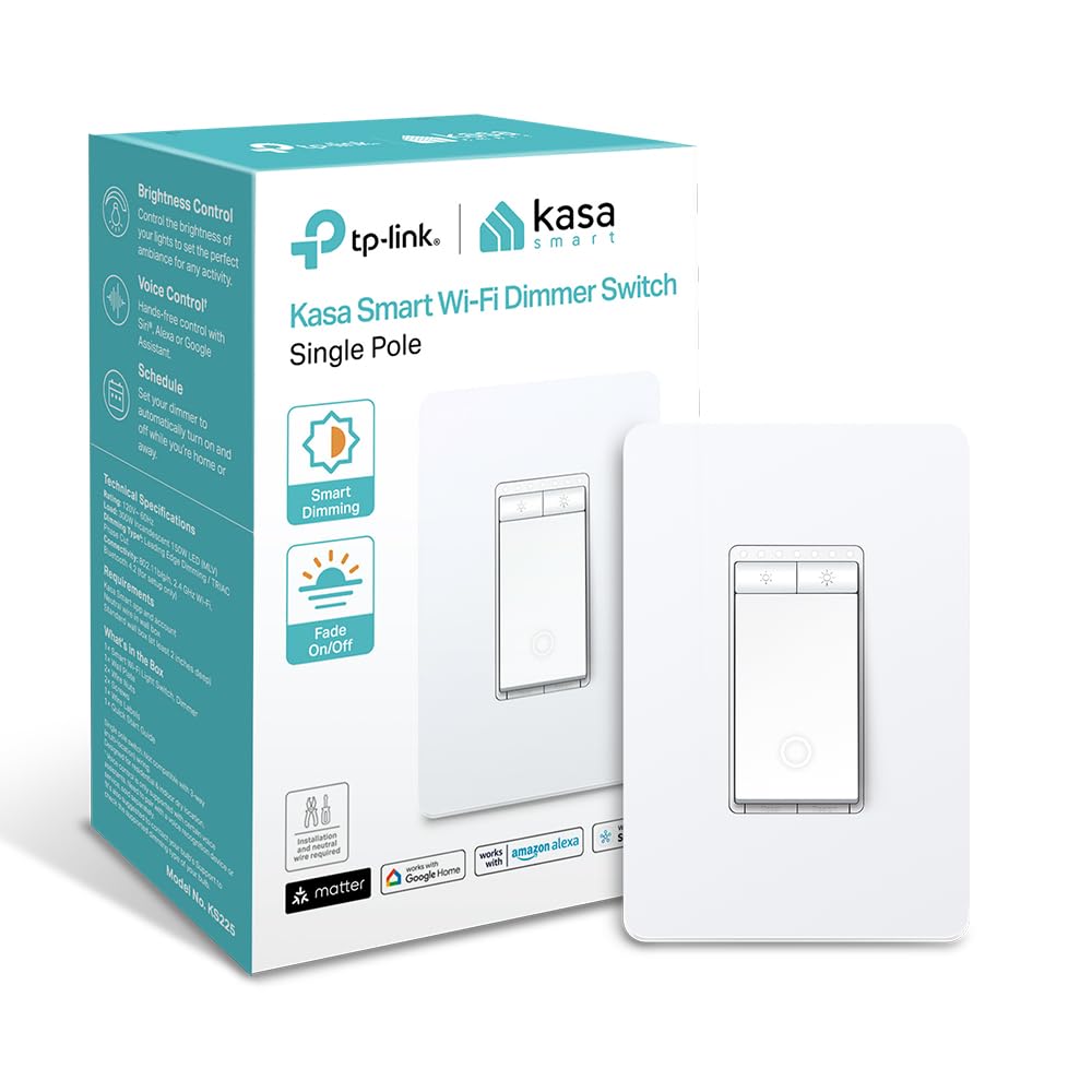 Kasa Smart Matter Dimmer Switch: Voice Control w/Siri, Alexa & Google Assistant | UL Certified | Timer & Schedule | Easy Guided Install | Neutral Wire Required | Single Pole | 2.4GHz Wi-Fi | KS225