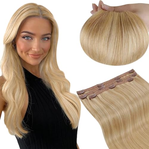 RUNATURE Clip in Hair Extensions Real Human Hair Blonde Highlight with Medium Blonde Clip Extensions Remy Human Hair 14 Inch 3 Pieces/50g #16/24