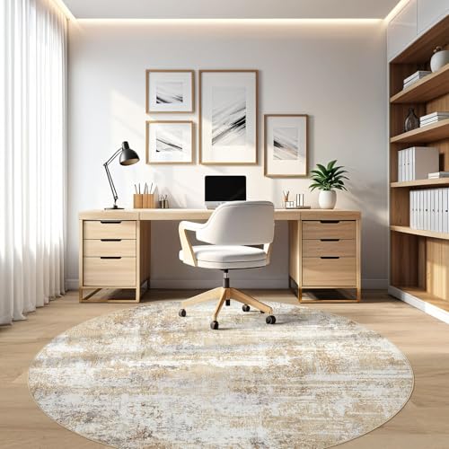 Round Rug Living Room Rugs: 8Ft Washable Circle Large Abstract Modern Soft Stain Resistant Non Slip Indoor Floor Carpet for Bedroom Nursery Office Dining Room Dorm Home House Decor- Gray Gold